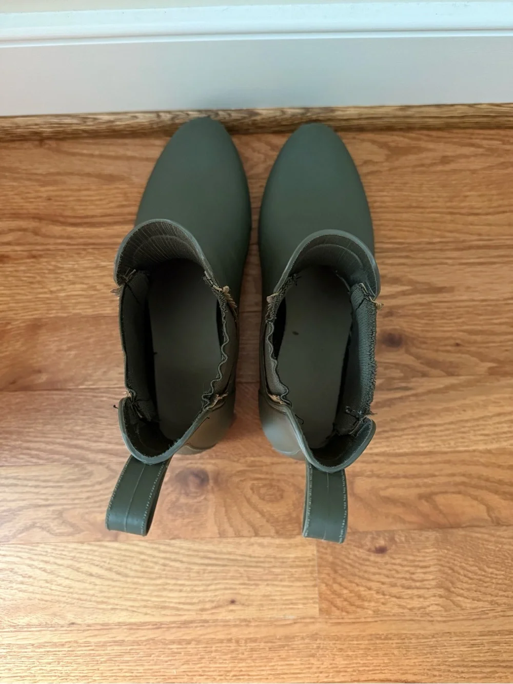 Jack Rogers Olive Green Chelsea Rain Ankle Boots with Gold Scalloped Trim